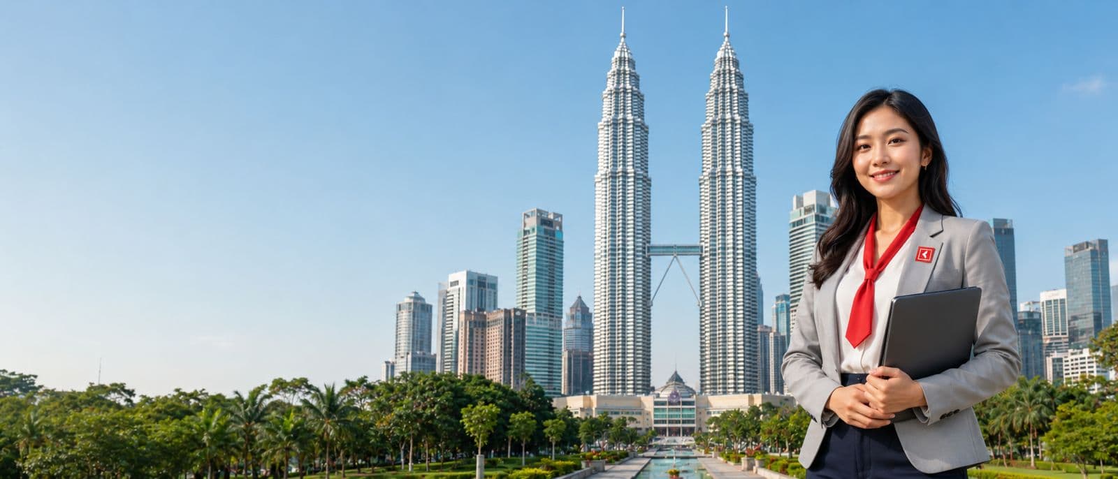 A young professional in front of the Kuala Lumpur skyline
